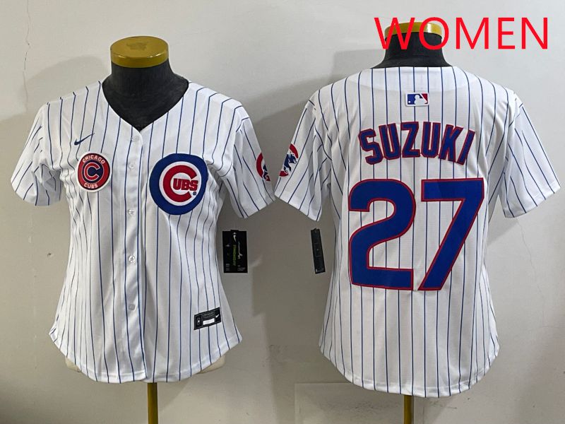 Women 2025 Chicago Cubs 27 Suzuki White Stripe Game Nike MLB Jersey style 7